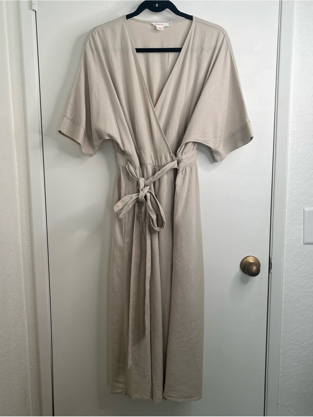 Finery Beige Wrap Midi Dress w/Tie Waist Linen Blend Neutral UK12/US 8 Pockets